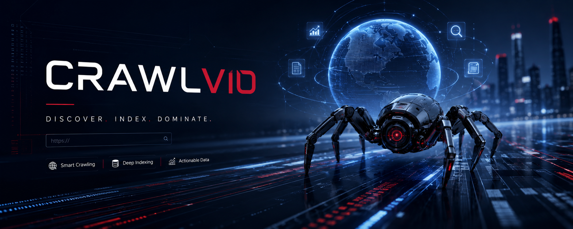Crawlvio: an AI-driven web crawler scanning a global index of sites for SEO, accessibility, and performance issues